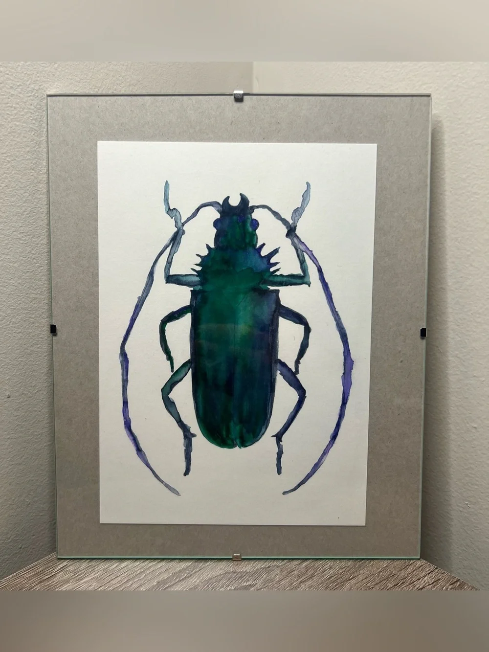 Hand-Painted Watercolor Beetle Art | 10” x 8” Floating Glass Frame